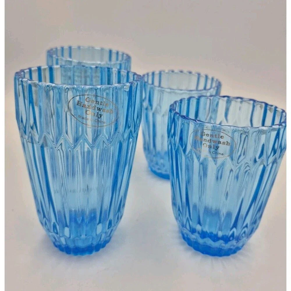 Crate & Barrel Set Of 4Glasses Tumblers Vibrant Blue Shabby Chic Two Sizes 5
